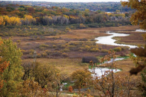 A aerial view of the Pheasant Branch conservancy in autumn.